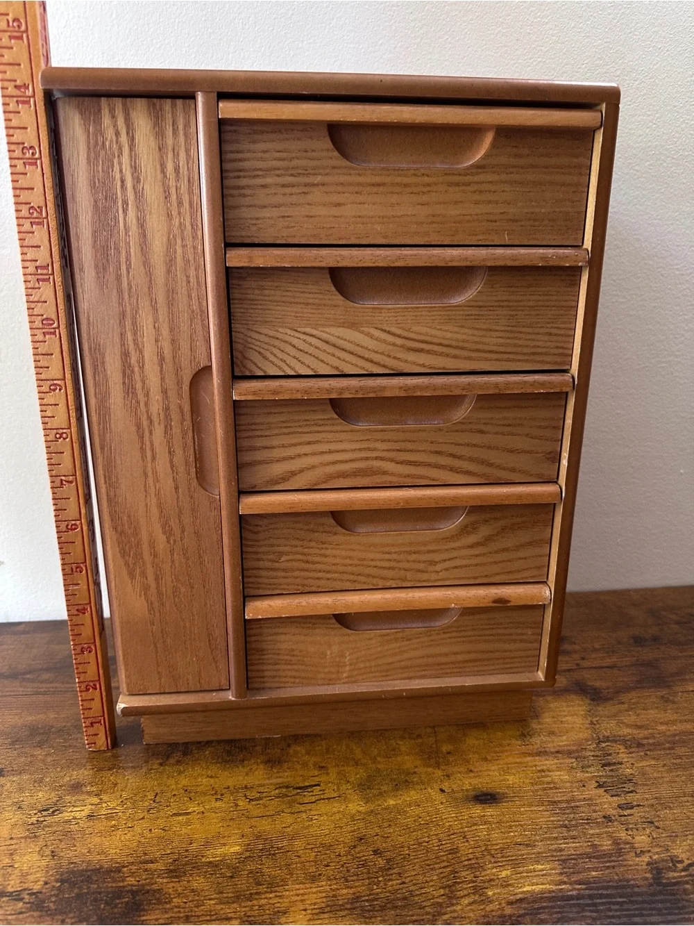 Vintage MCM Style Solid Oak Wood Jewelry Box Chest 5 Drawers Side Door Cabinet